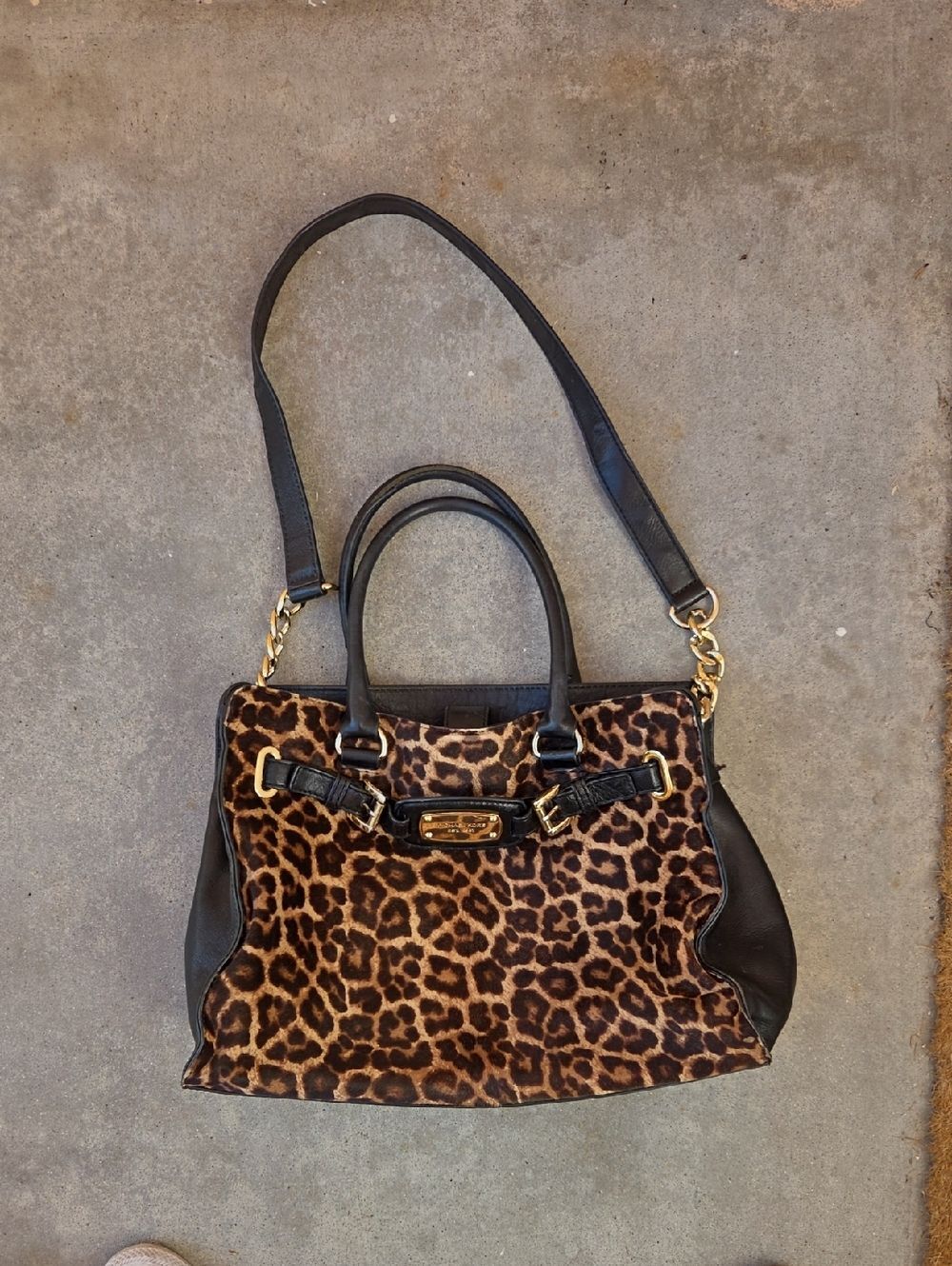 Michael Kors Leopard Print Satchel Purse Black Trim and Gold Hardware